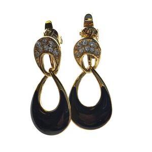 Crown Trifari Black And Gold Tone With Rhinestone Drop Fashion Clip On Earrings